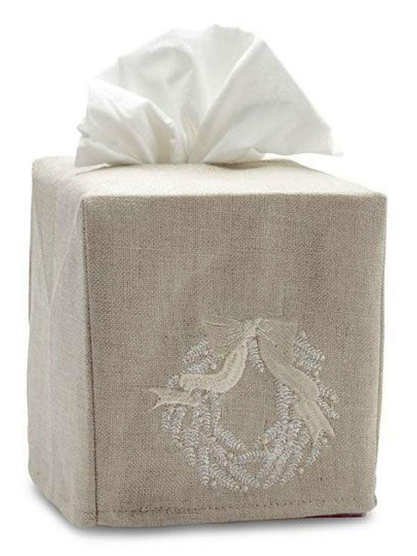 Tissue Box Cover, Natural Linen, Christmas Wreath (Beige)
