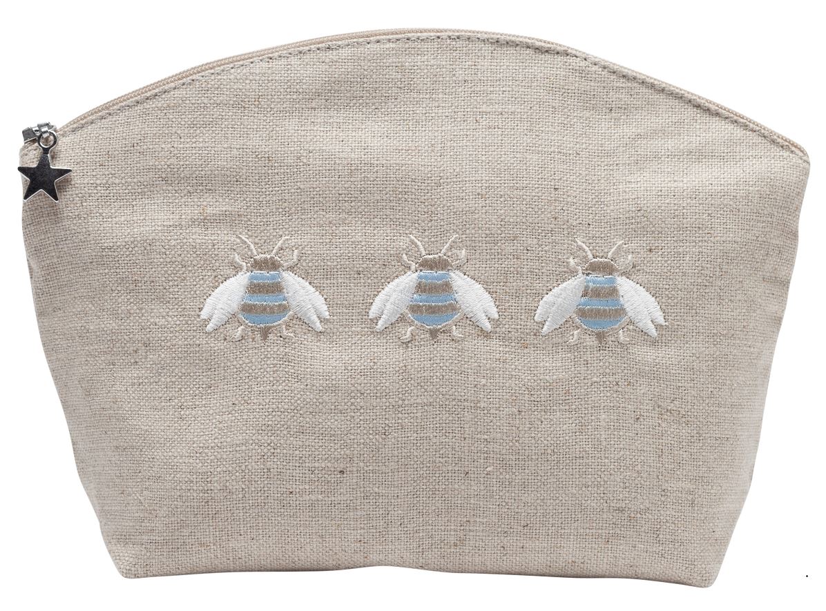 Cosmetic Bag, Natural Linen (Medium), Three Napoleon Bees (Duck Egg Blue)