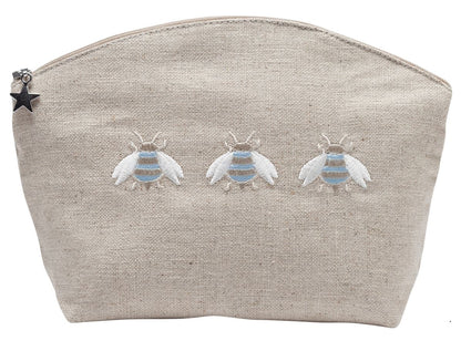 Cosmetic Bag, Natural Linen (Medium), Three Napoleon Bees (Duck Egg Blue)