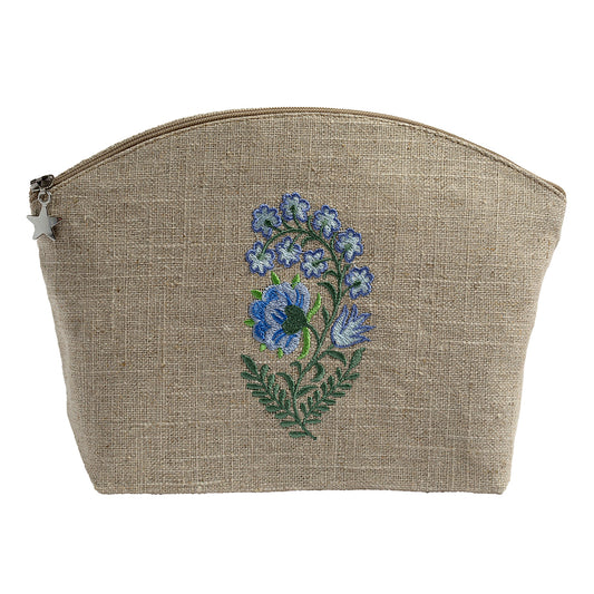 Cosmetic Bag, Natural Linen (Medium), Fleur (Blue)