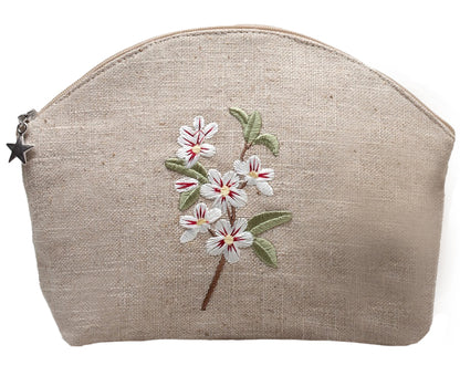 Cosmetic Bag, Natural Linen (Large), Apple Blossom (White)