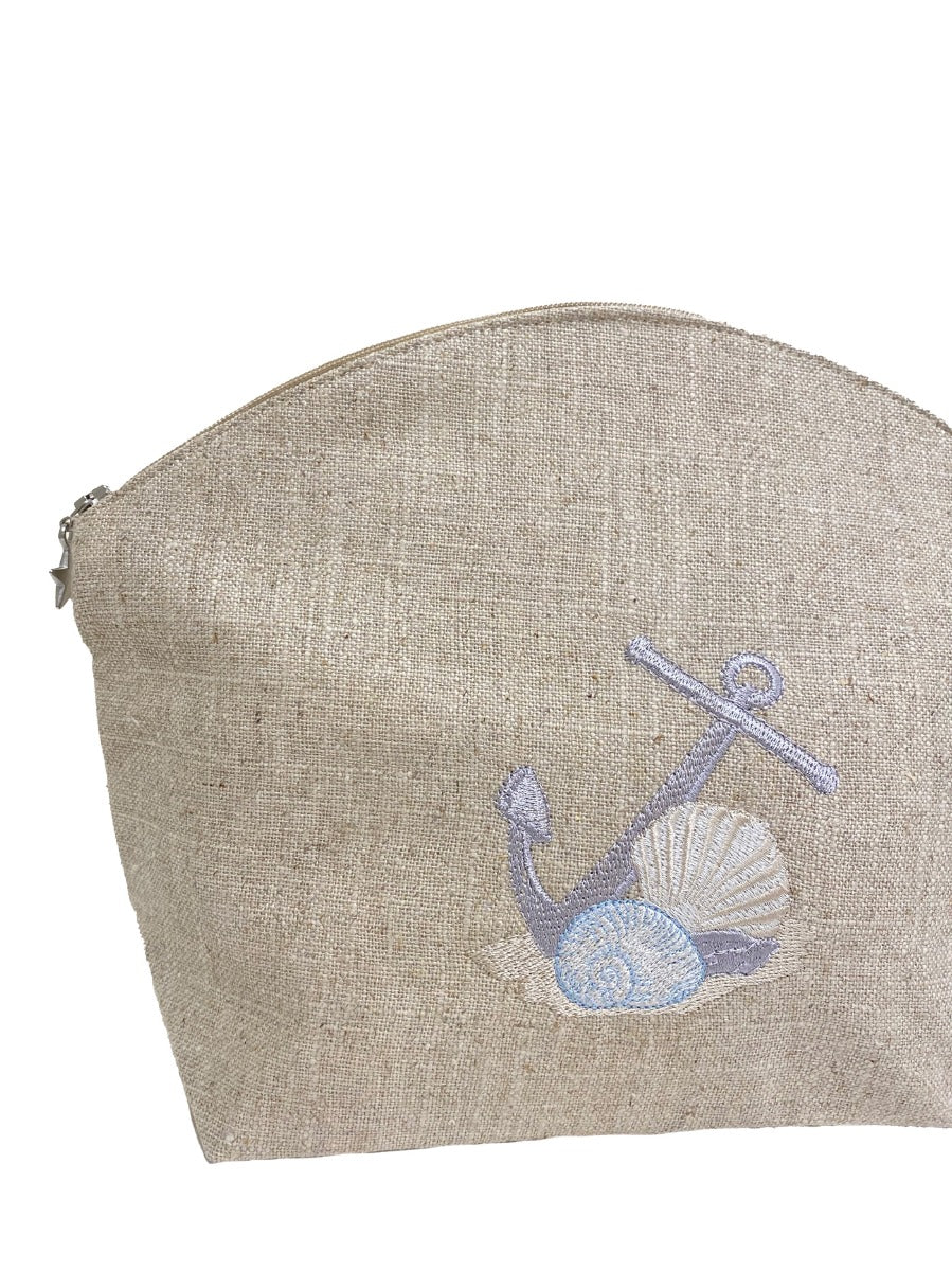 Cosmetic Bag, Natural Linen (Large), Anchor (Blue, Beige)