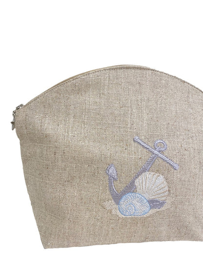 Cosmetic Bag, Natural Linen (Large), Anchor (Blue, Beige)