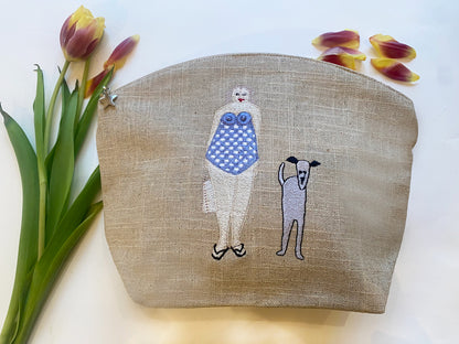 Cosmetic Bag, Natural Linen (Large), Bathing Lady & Dog (Blue)