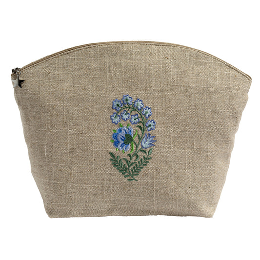 Cosmetic Bag, Natural Linen (Large), Fleur (Blue)