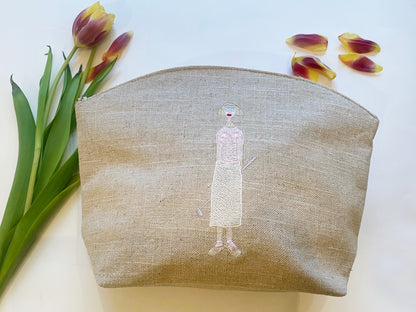 Cosmetic Bag, Natural Linen (Large), Golf Lady (Pink)