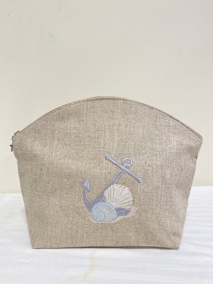 Cosmetic Bag, Natural Linen (Large), Anchor (Blue, Beige)