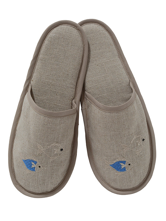 Slippers, Natural Linen, School of Fish (Blue, Beige)