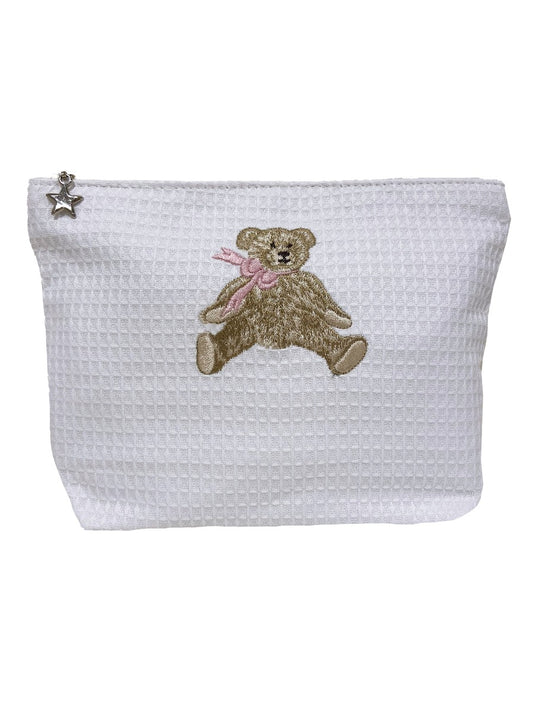 Cosmetic Bag (Medium), Waffle Weave, Bow Teddy (Pink)