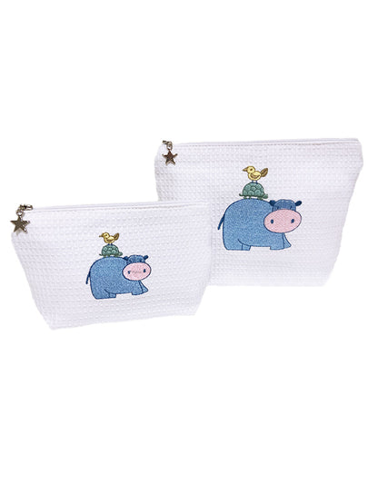 Cosmetic Bag (Small), Waffle Weave, Hippo (Blue)