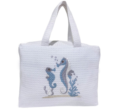 Cosmetic Case, Waffle Weave, Seahorse & Baby (Duck Egg Blue)