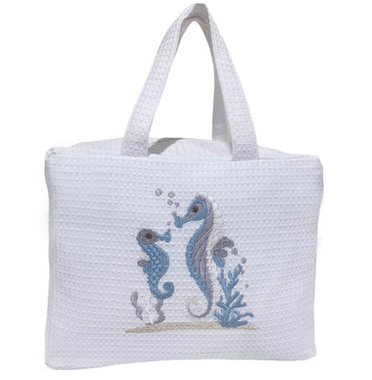 Cosmetic Case, Waffle Weave, Seahorse & Baby (Duck Egg Blue)