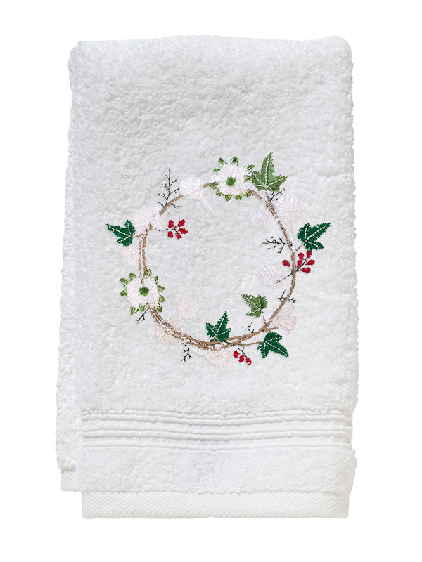 Guest Towel, White Cotton Terry, Ivy & Holly Wreath