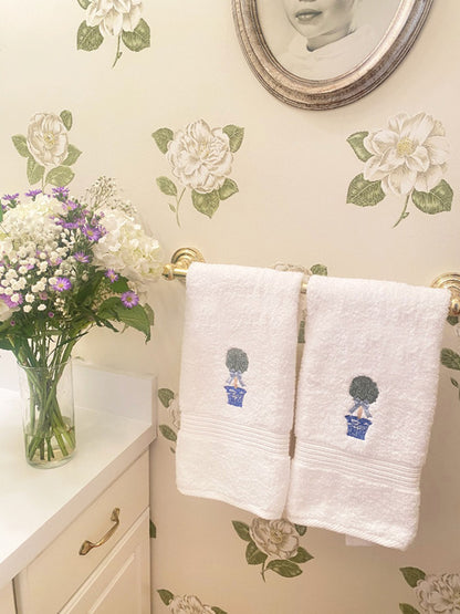 Hand Towel, White Cotton Terry, Boxwood Topiary