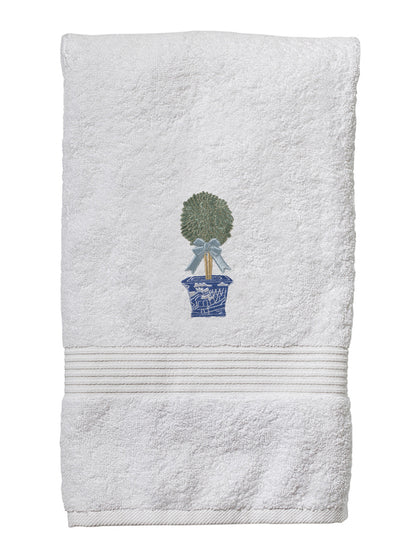 Hand Towel, White Cotton Terry, Boxwood Topiary
