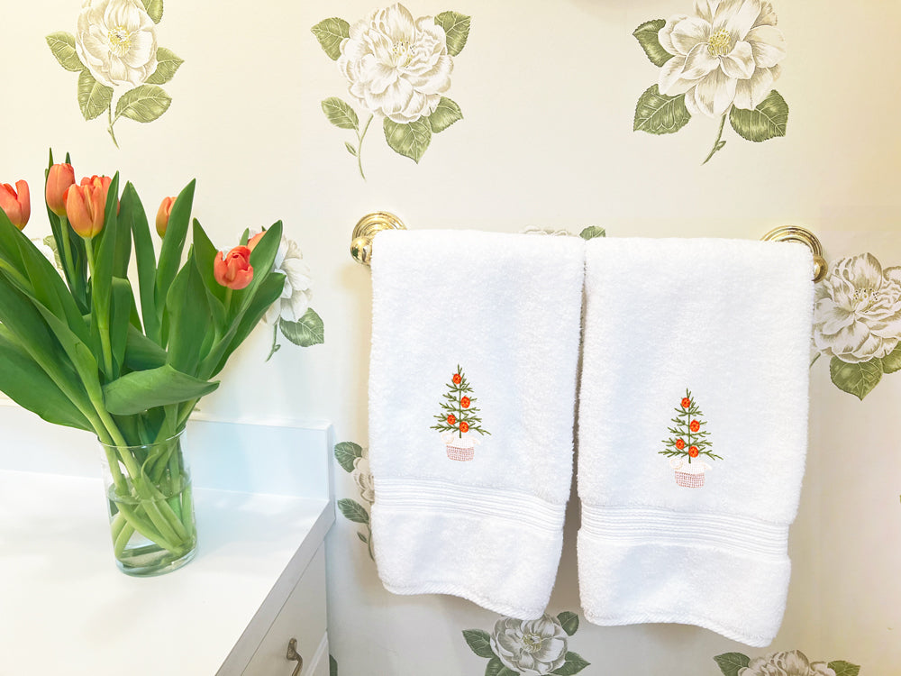 Hand Towel, White Cotton Terry, Oranges for Christmas