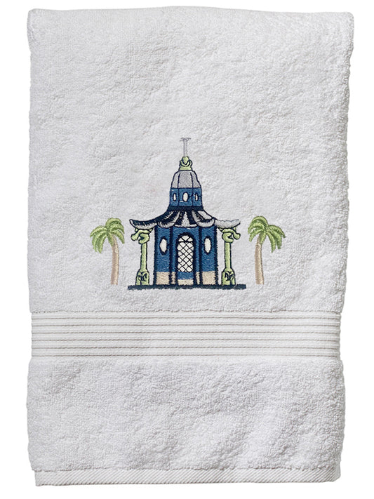 Hand Towel, White Cotton Terry, Pagoda & Palm Trees