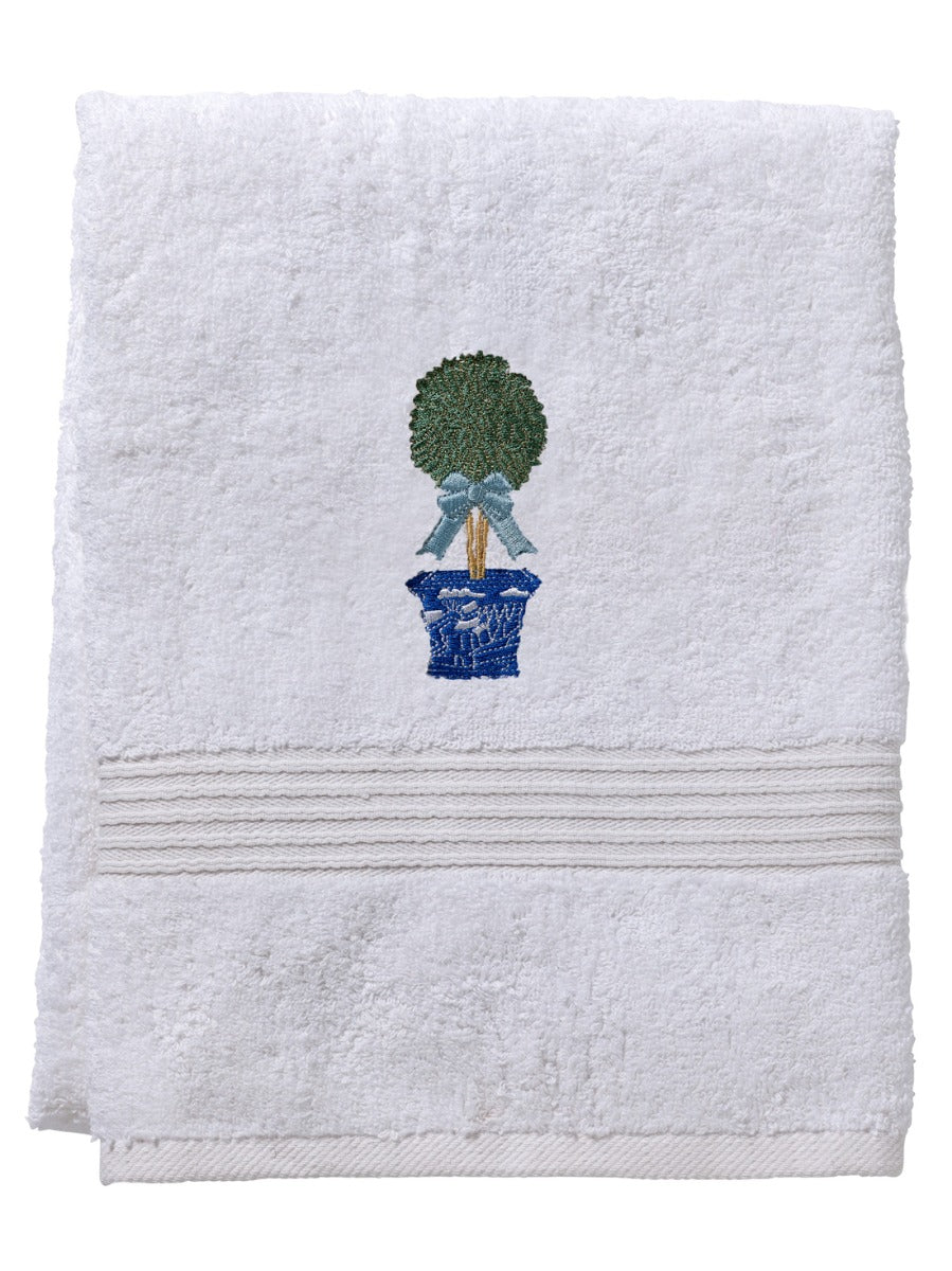 Bath Towel, White Cotton Terry, Boxwood Topiary
