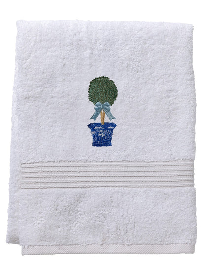 Bath Towel, White Cotton Terry, Boxwood Topiary