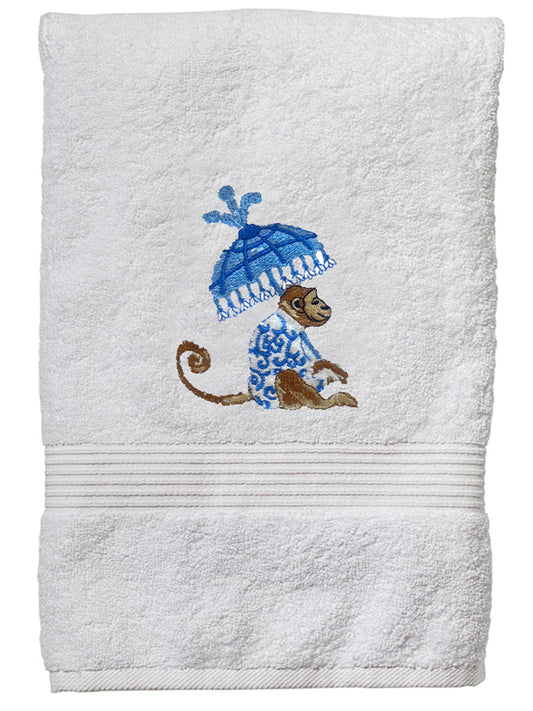 Hand Towel, White Cotton Terry, Monkey & Umbrella (Blue)