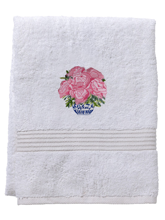 Bath Towel, White Cotton Terry, Pot of Peonies (Pink)