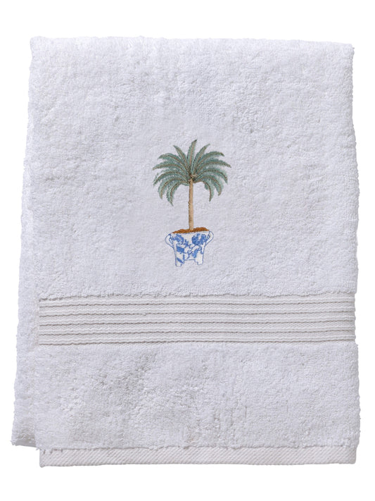 Bath Towel, White Cotton Terry, Tropical Palm Tree (Olive)