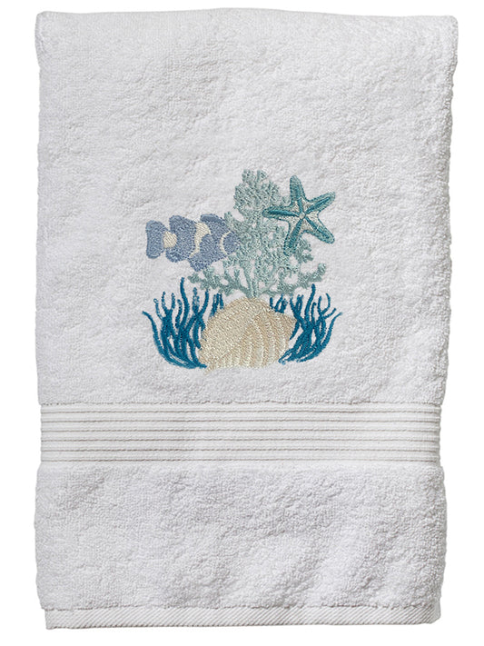Hand Towel, White Cotton Terry, Under the Sea (Aqua)