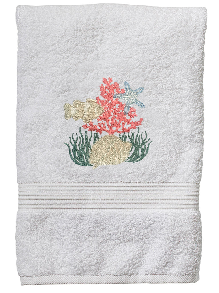 Hand Towel, White Cotton Terry, Under the Sea (Coral)