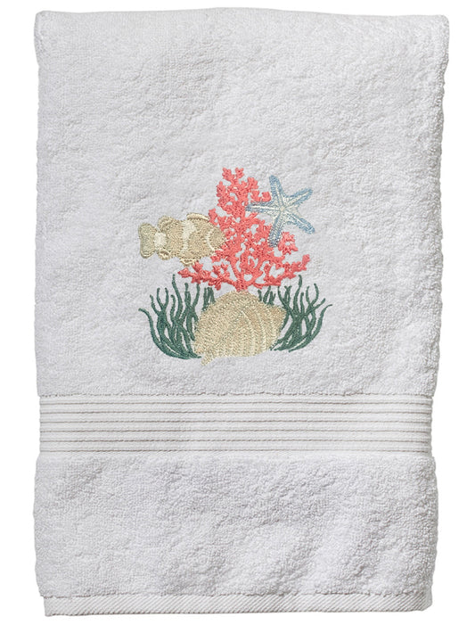 Hand Towel, White Cotton Terry, Under the Sea (Coral)