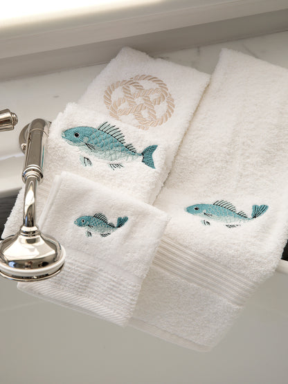 Wash Cloth, Terry, Swimming Fish (Aqua)