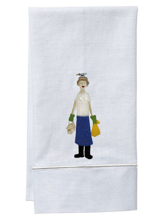 Guest Towel, White Linen, Satin Stitch, Gardening Lady