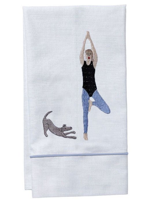Guest Towel, White Linen, Satin Stitch, Downward Dog Yoga