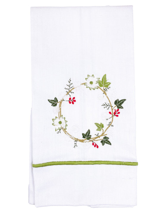 Guest Towel, White Linen, Satin Stitch, Ivy & Holly Wreath (Olive)