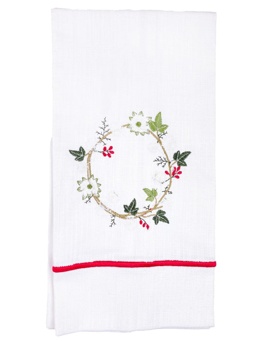 Guest Towel, White Linen, Satin Stitch, Ivy & Holly Wreath (Red)