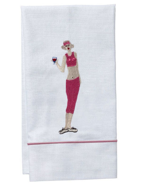 Guest Towel, White Linen, Satin Stitch, Wine Workout Girl (Pink)