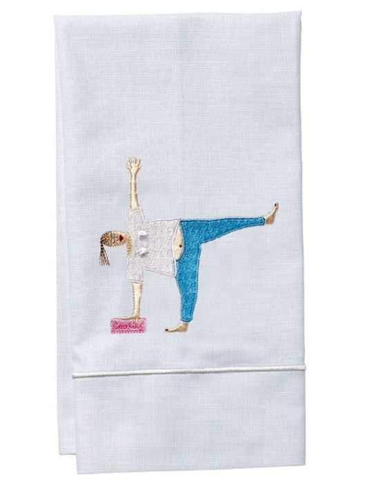 Guest Towel, White Linen, Satin Stitch, Yoga Cookies Lady