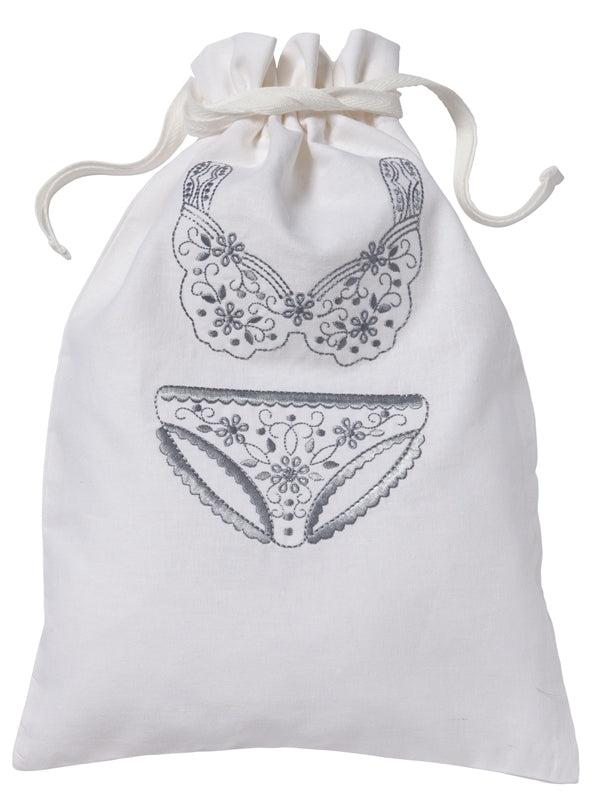 Lingerie Bag, White Cotton/Linen, Flower Bikini (Pewter)