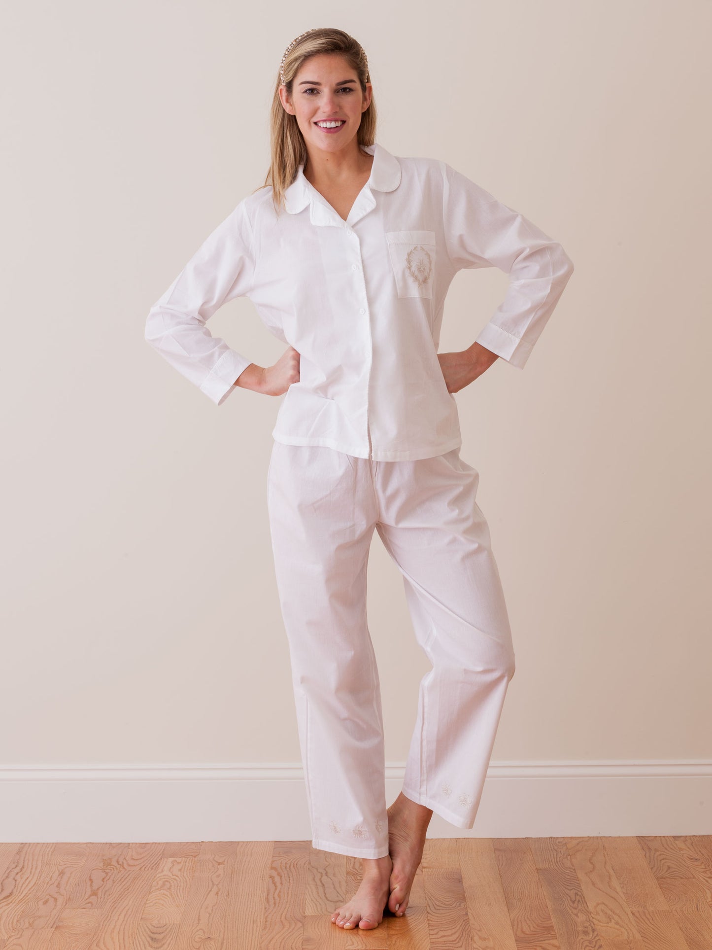 Lorraine White Cotton Pajamas, Embroidered