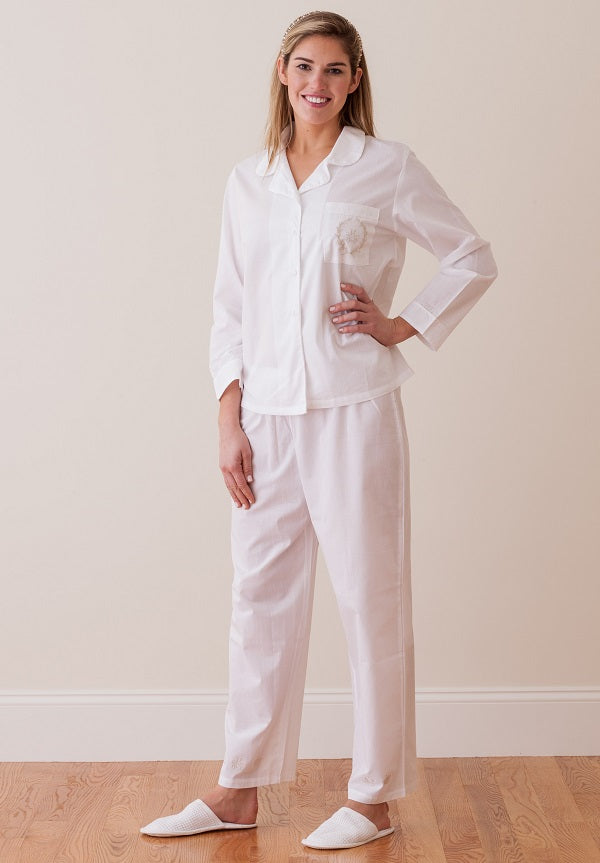 Lorraine White Cotton Pajamas, Embroidered