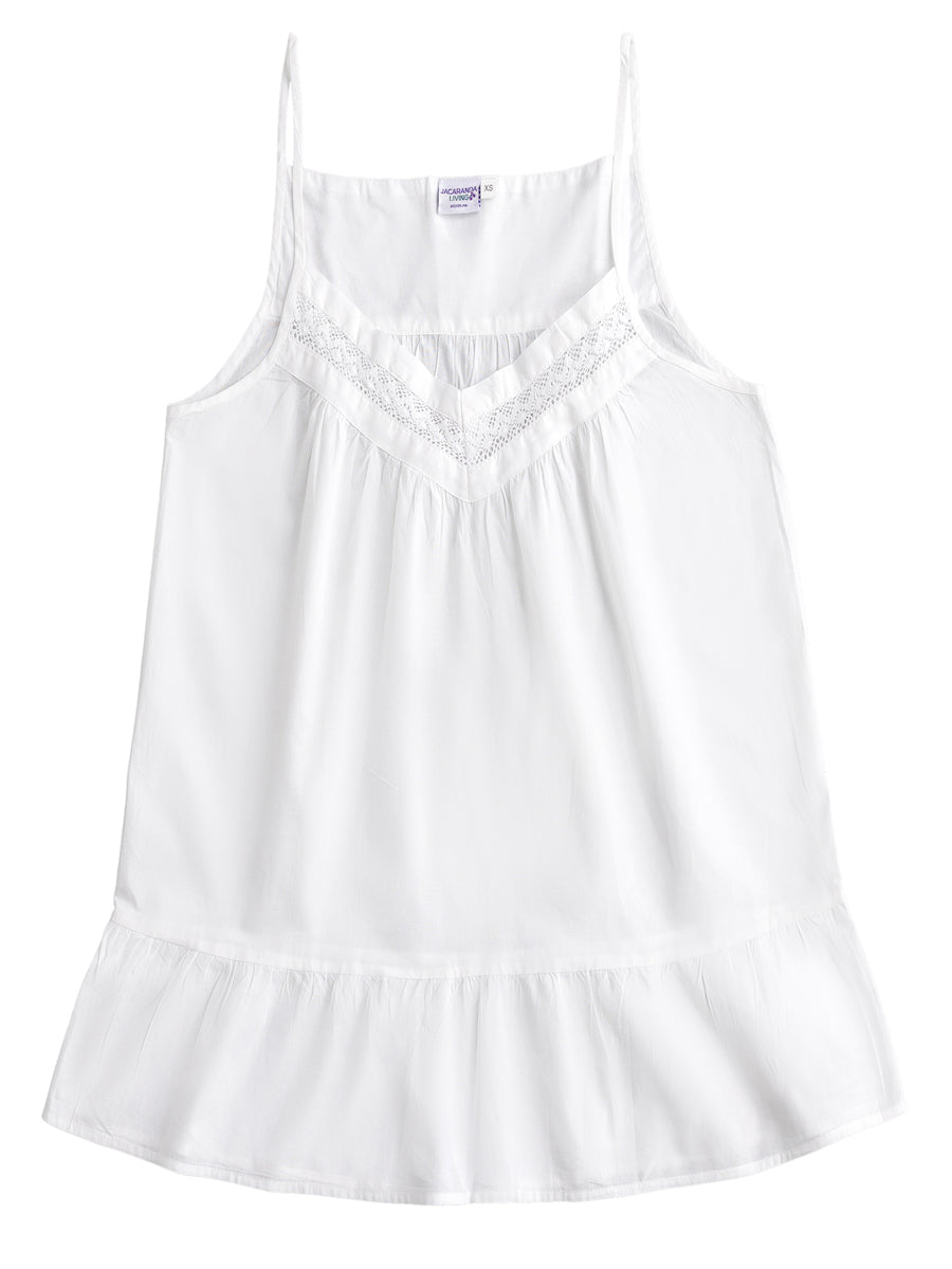 Kristen White Cotton Embroidered Nightie with Spaghetti Straps and French  Lace, Short Hem. – Jacaranda Living