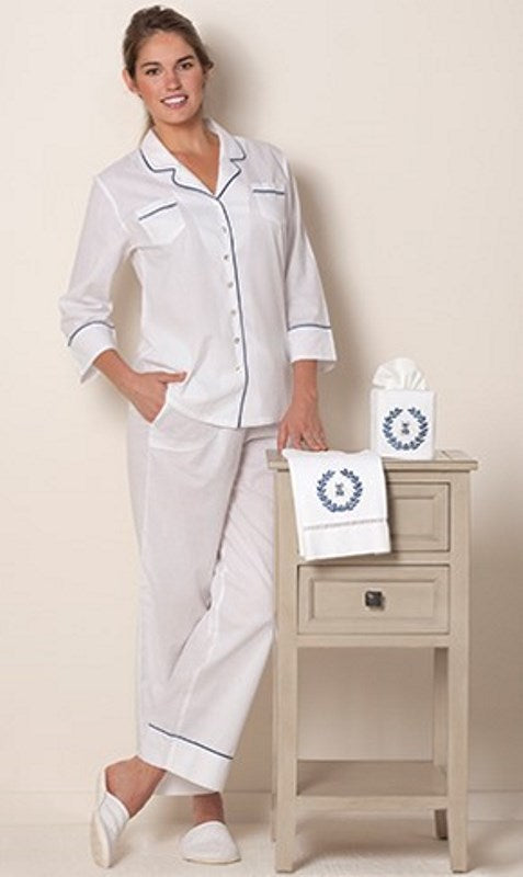 Lyndy White Cotton Pajamas, Navy Piping
