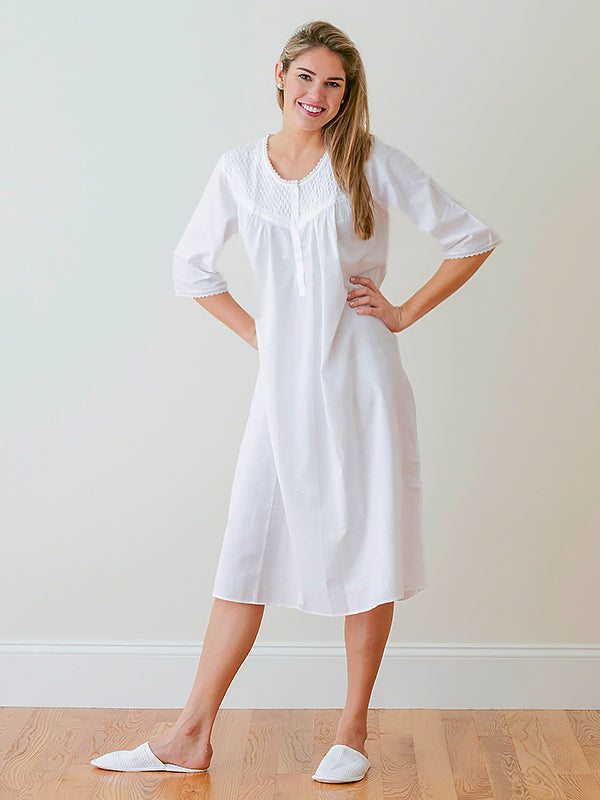 Liz White Cotton Nightgown, Smocking & Lace