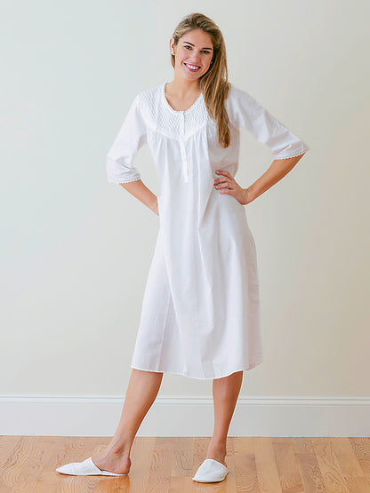 Liz White Cotton Nightgown, Smocking & Lace