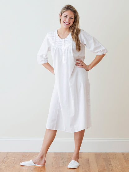 Liz White Cotton Nightgown, Smocking & Lace