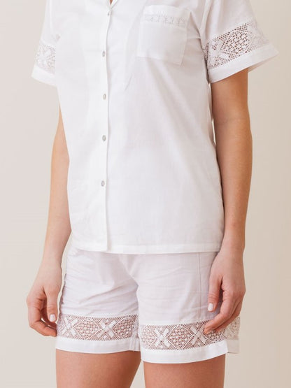 Pru White Cotton 2-Piece Shorts Set, French Lace