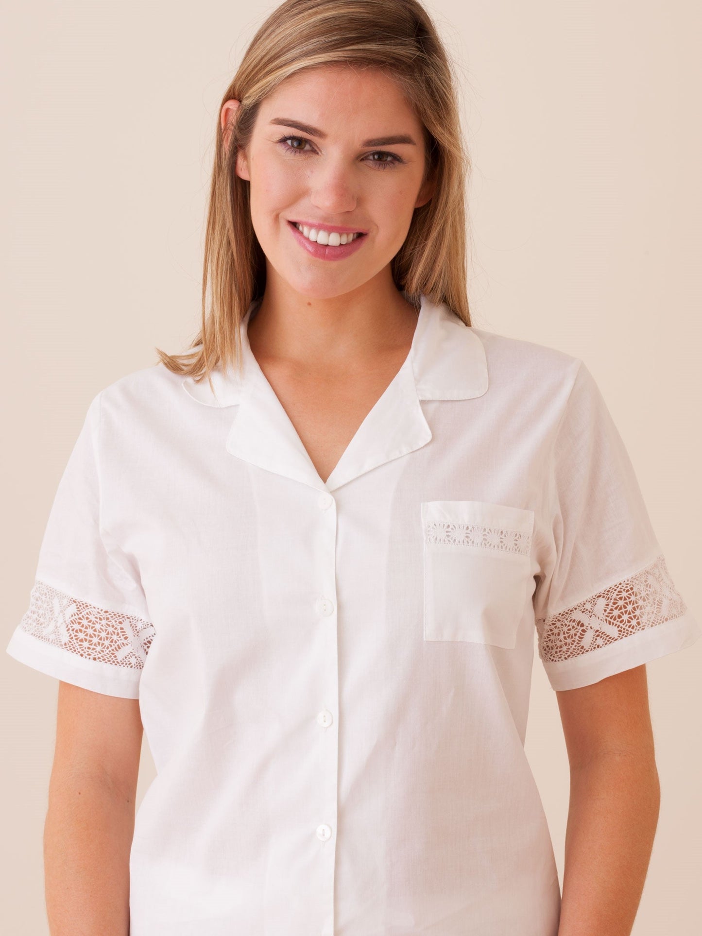 Pru White Cotton 2-Piece Shorts Set, French Lace