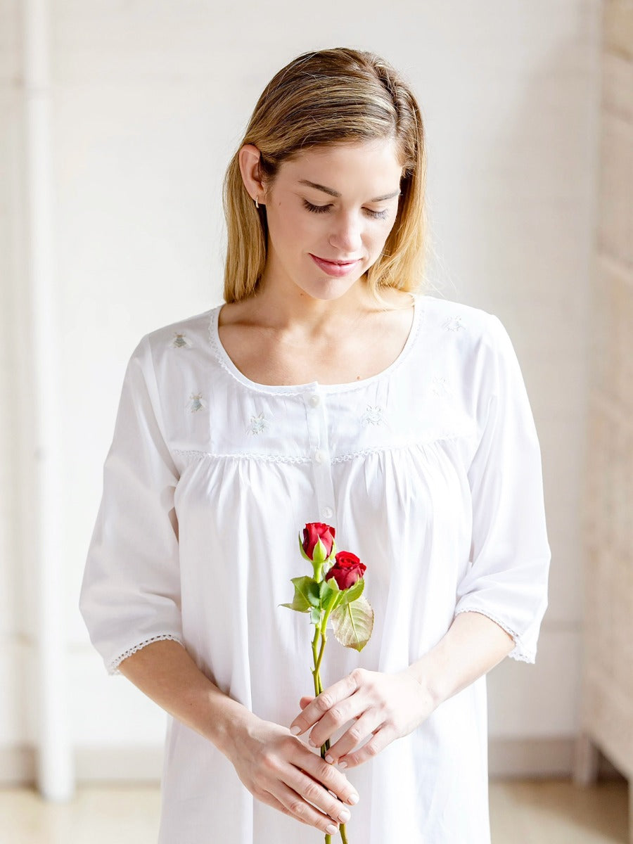 Bee White Cotton Nightgown, Embroidered (Bee - Light Blue)