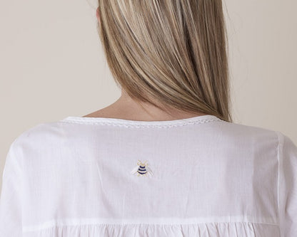Bee White Cotton Nightgown, Embroidered (Bee - Gold/Navy)