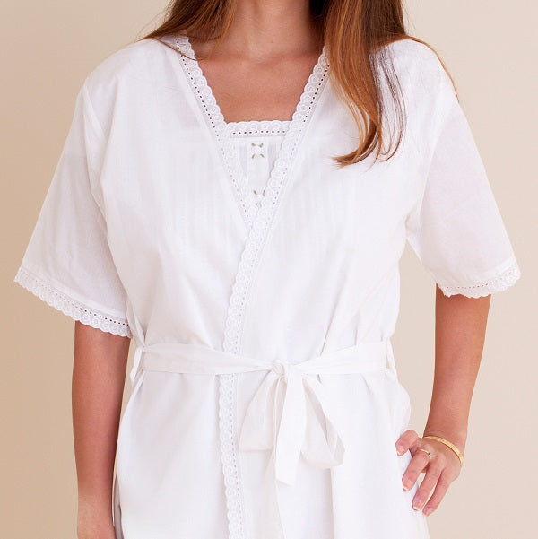 Short Sleeve Lace Bathrobe, Cotton, Kimono Style by Jacaranda Living