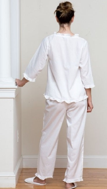 Caroline White Cotton Pajamas, Embroidered